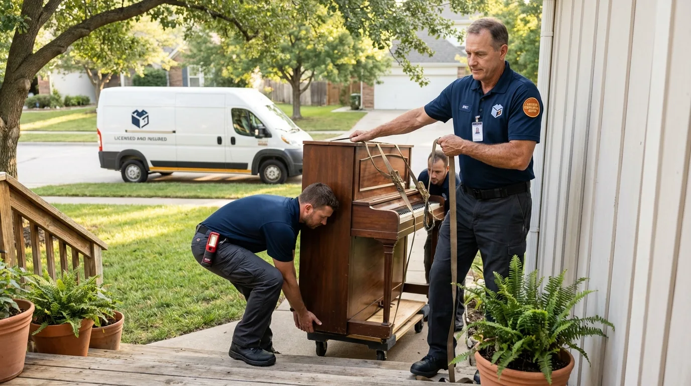 Licensed piano movers securing grand piano in Conway, MA