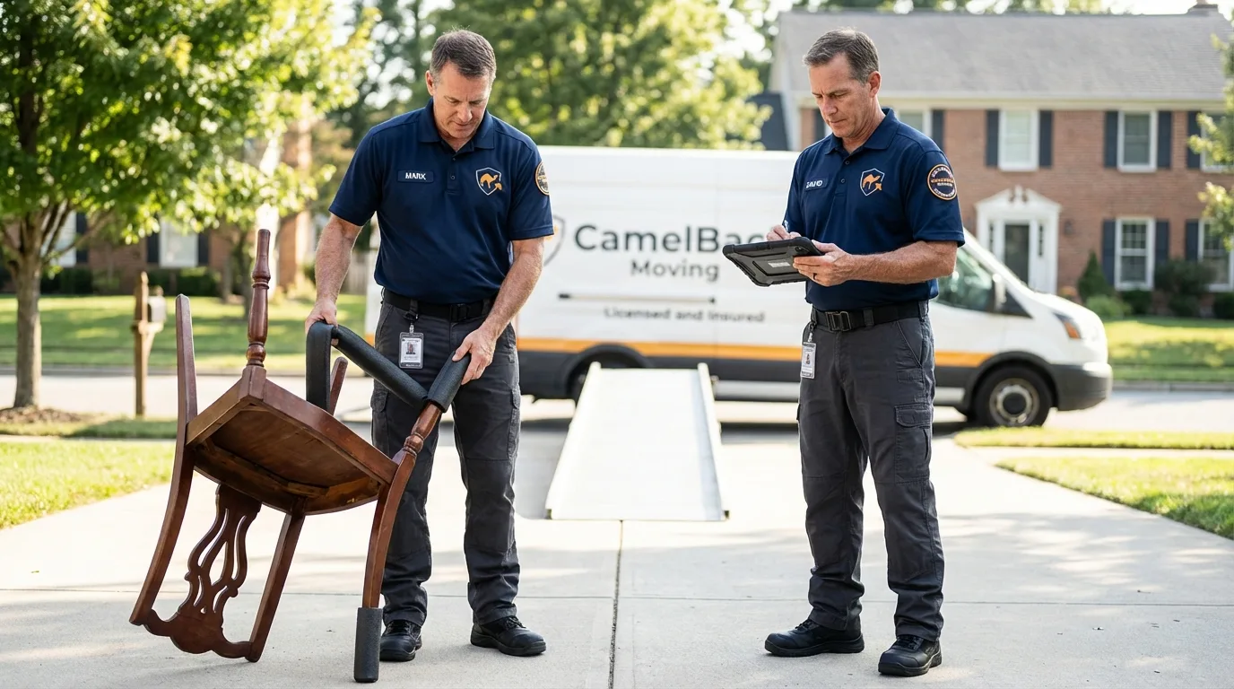 Movers inspecting furniture for damage prevention before loading in Conway, MA