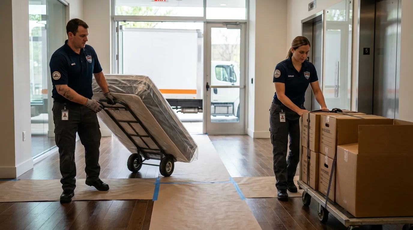 Professional apartment movers loading elevator in Conway, MA