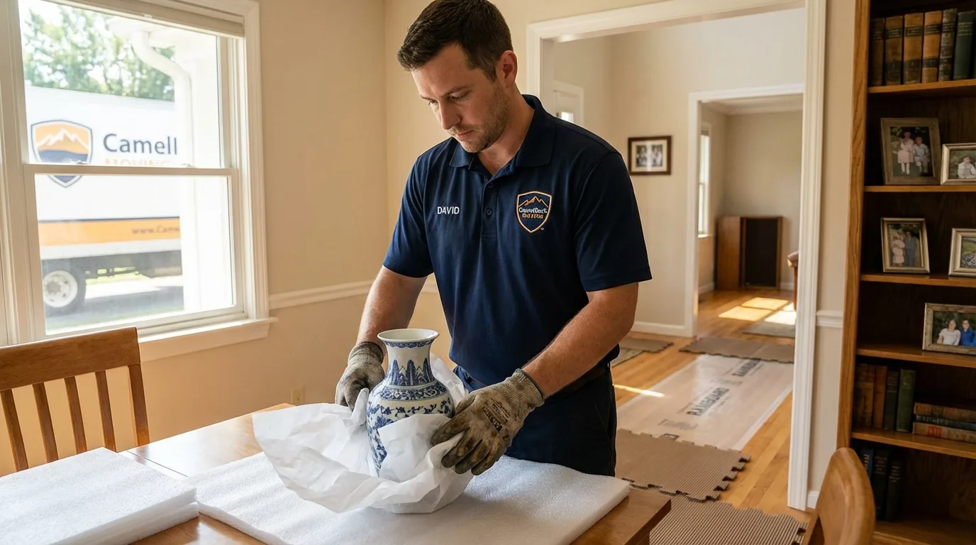 Professional crew carefully wrapping antique vase for senior downsizing move in Conway, MA