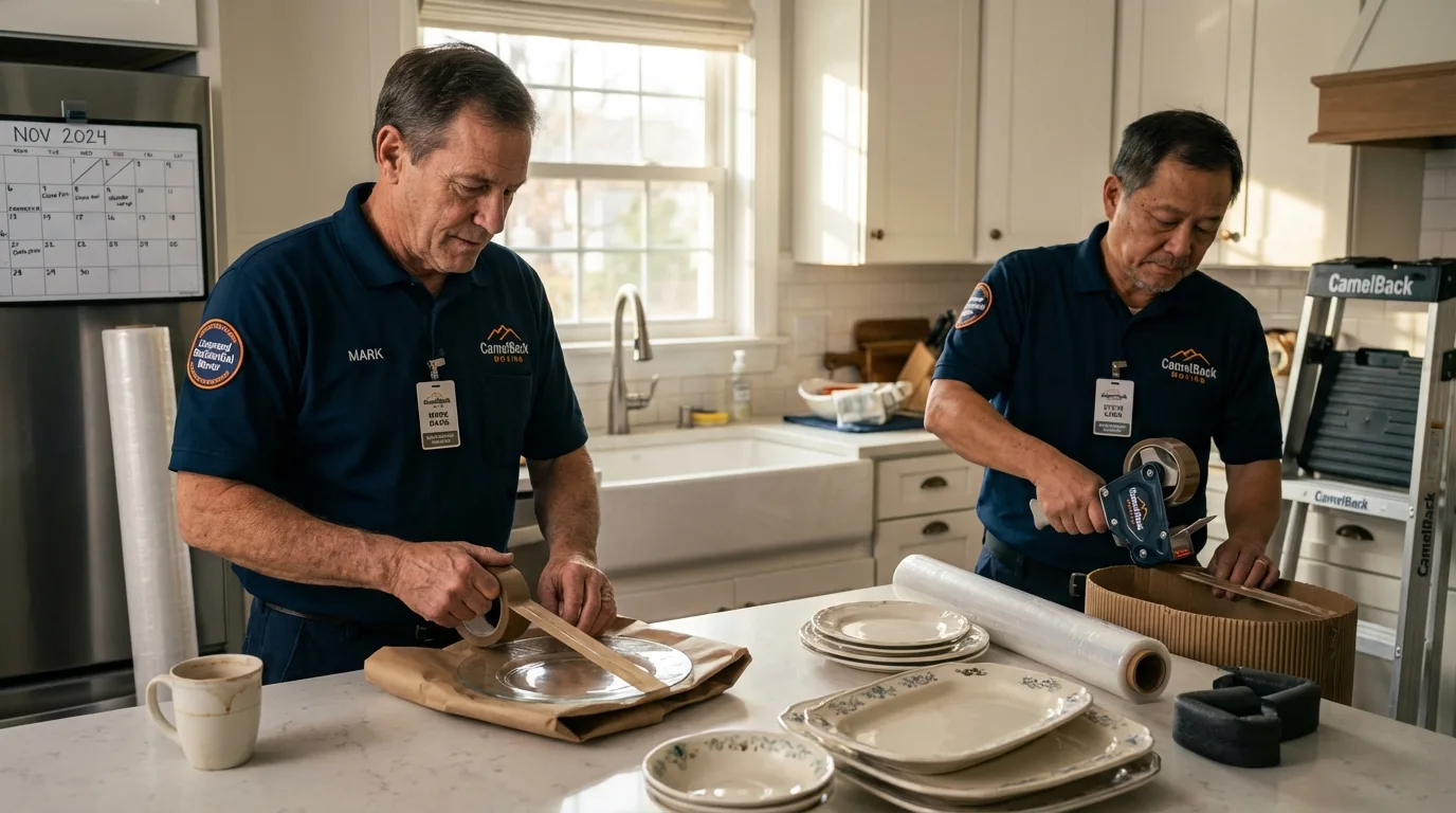 Professional crew packing kitchen dishware in Conway, MA